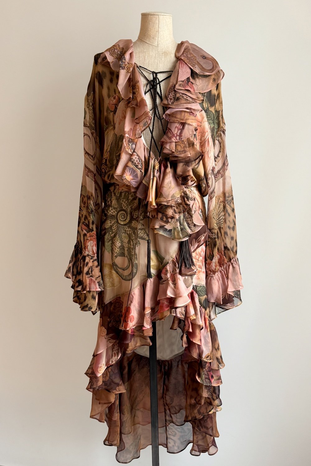 EMERIEU-Roberto-Cavalli-SS-2002-vintage-brown-lace-up-printed-ruffle-dress-1