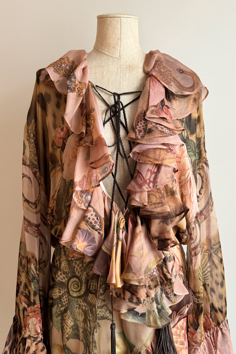 EMERIEU-Roberto-Cavalli-SS-2002-vintage-brown-lace-up-printed-ruffle-dress-10