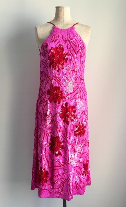 ANNA MOLINARI 2000 Pink Floral Sequin Midi Halter Dress (M)