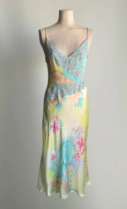 EMANUEL UNGARO 2000's Pastel Watercolor Floral Silk Slip Dress (L)