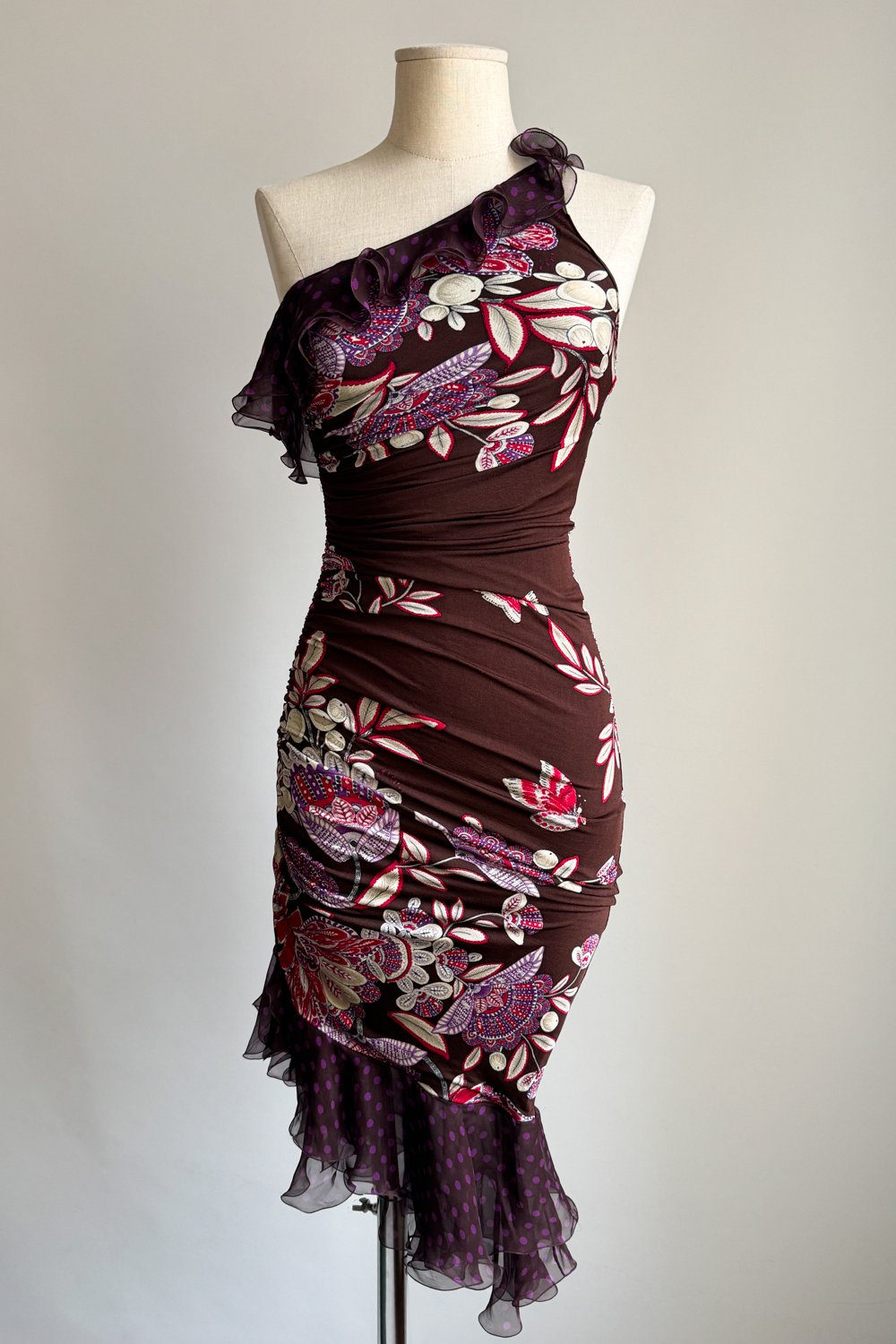 EMERIEU-Emanuel-Ungaro-SS-2003-vintage-brown-purple-ruffle-asymmetrical-midi-bodycon-one-shoulder-dress-1