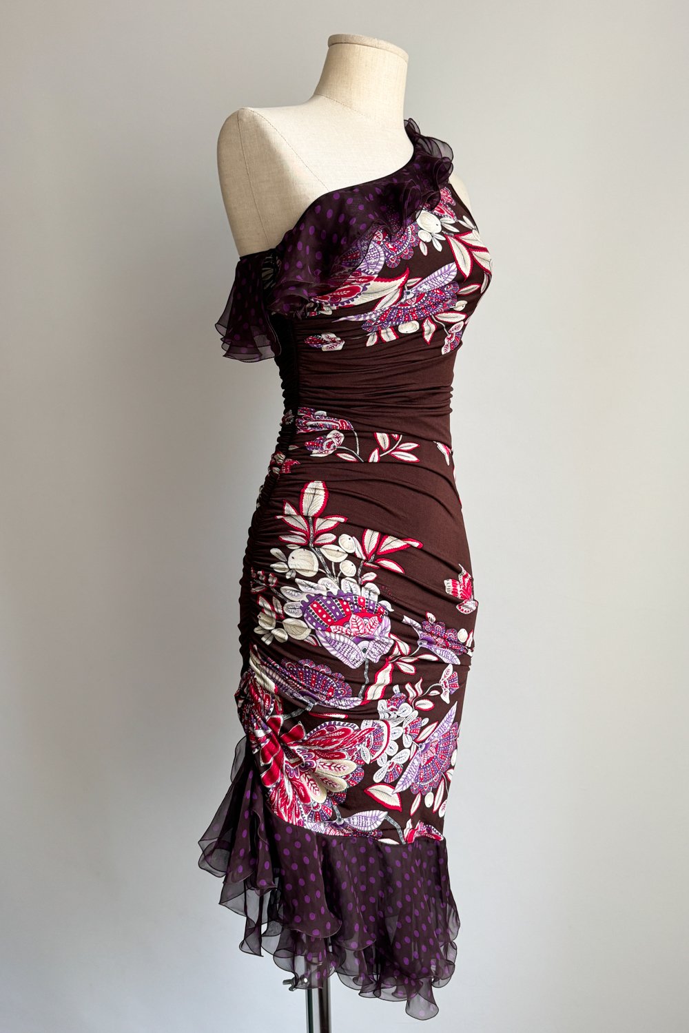 EMERIEU-Emanuel-Ungaro-SS-2003-vintage-brown-purple-ruffle-asymmetrical-midi-bodycon-one-shoulder-dress-2