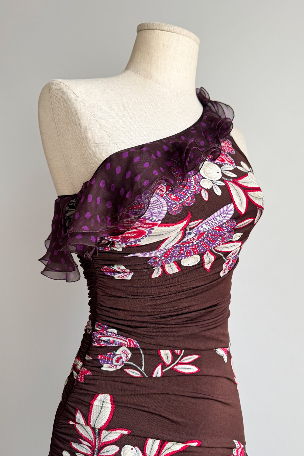 EMERIEU-Emanuel-Ungaro-SS-2003-vintage-brown-purple-ruffle-asymmetrical-midi-bodycon-one-shoulder-dress-5