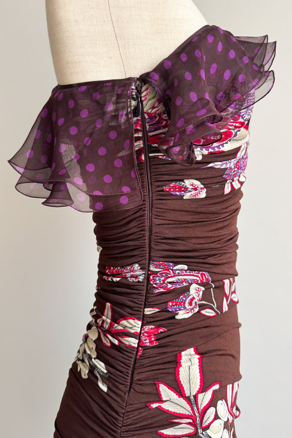 EMERIEU-Emanuel-Ungaro-SS-2003-vintage-brown-purple-ruffle-asymmetrical-midi-bodycon-one-shoulder-dress-9