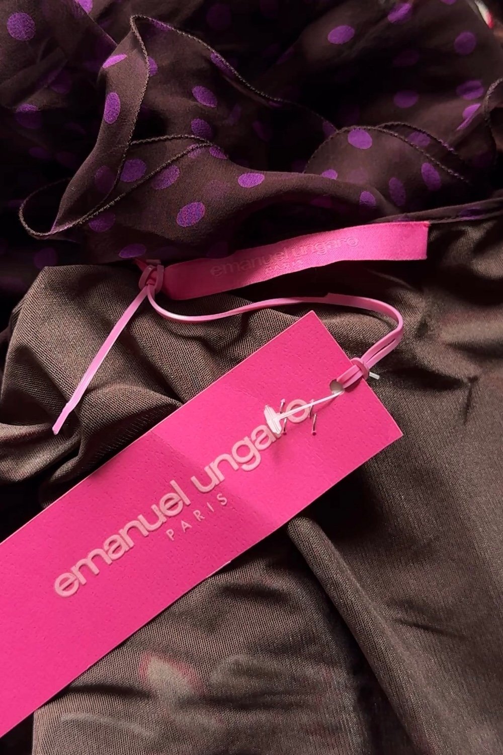 EMERIEU-Emanuel-Ungaro-SS-2003-vintage-brown-purple-ruffle-asymmetrical-midi-bodycon-one-shoulder-dress-label