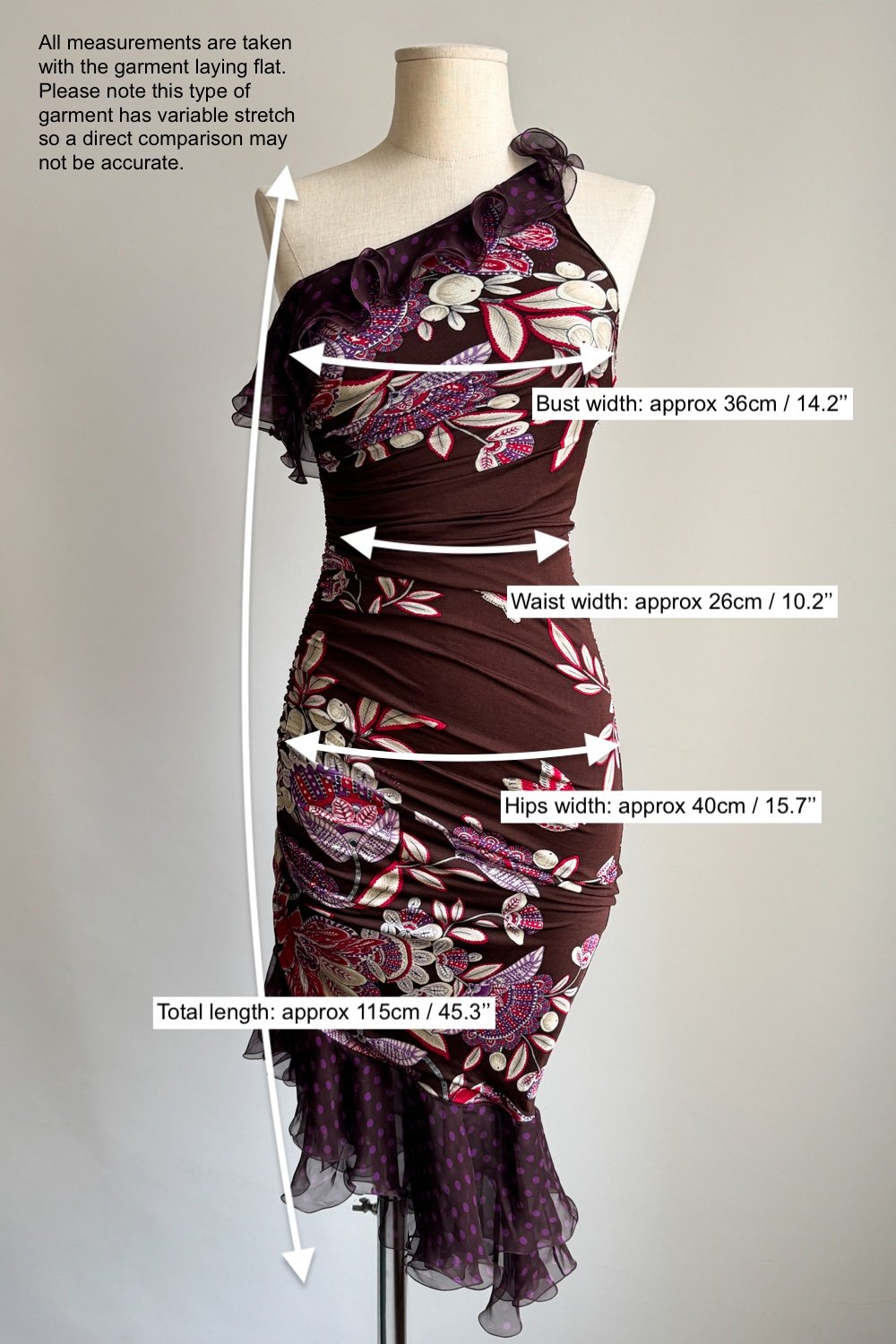 EMERIEU-Emanuel-Ungaro-SS-2003-vintage-brown-purple-ruffle-asymmetrical-midi-bodycon-one-shoulder-dress-measurements