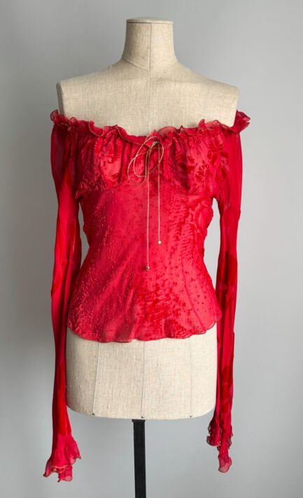 ROBERTO CAVALLI 1999 Red Sheer Silk Top With Flared Sleeves (M)