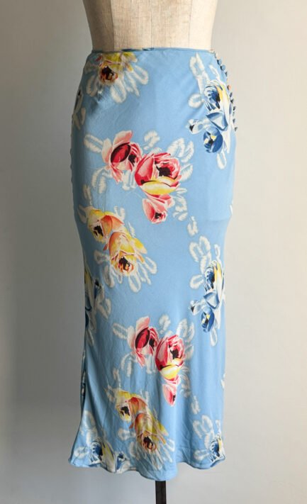 CHRISTIAN DIOR 2001 Light Blue Floral Silk Skirt (S)