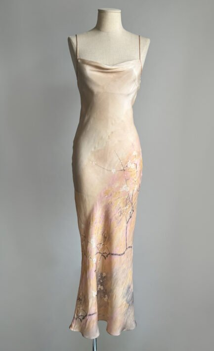 ROBERTO CAVALLI 1998 Champagne Satin Cowl-Neck Floral Dress (XS-S)