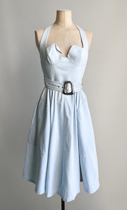 THIERRY MUGLER 1990 Light Blue Cotton Halter Belted Skater Dress (M)