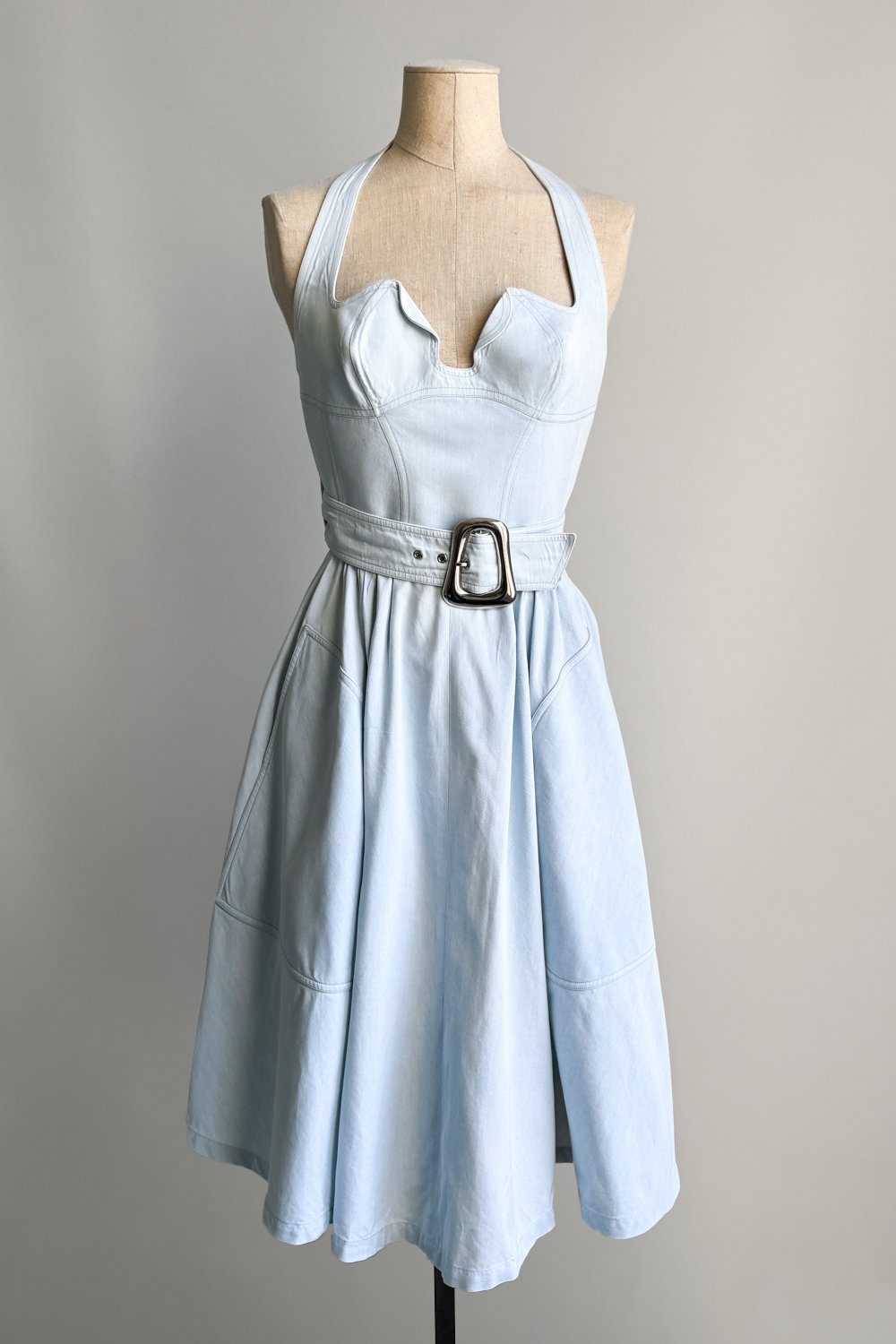 EMERIEU-Thierry-Mugler-SS-1990-vintage-light-blue-cotton-skater-belted-midi-summer-dress-1
