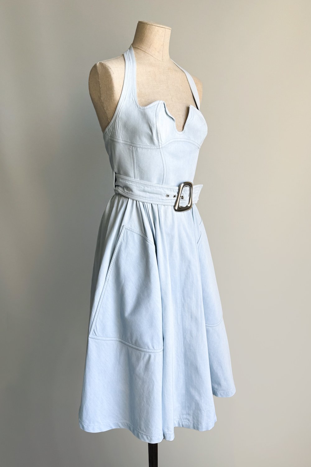 EMERIEU-Thierry-Mugler-SS-1990-vintage-light-blue-cotton-skater-belted-midi-summer-dress-2