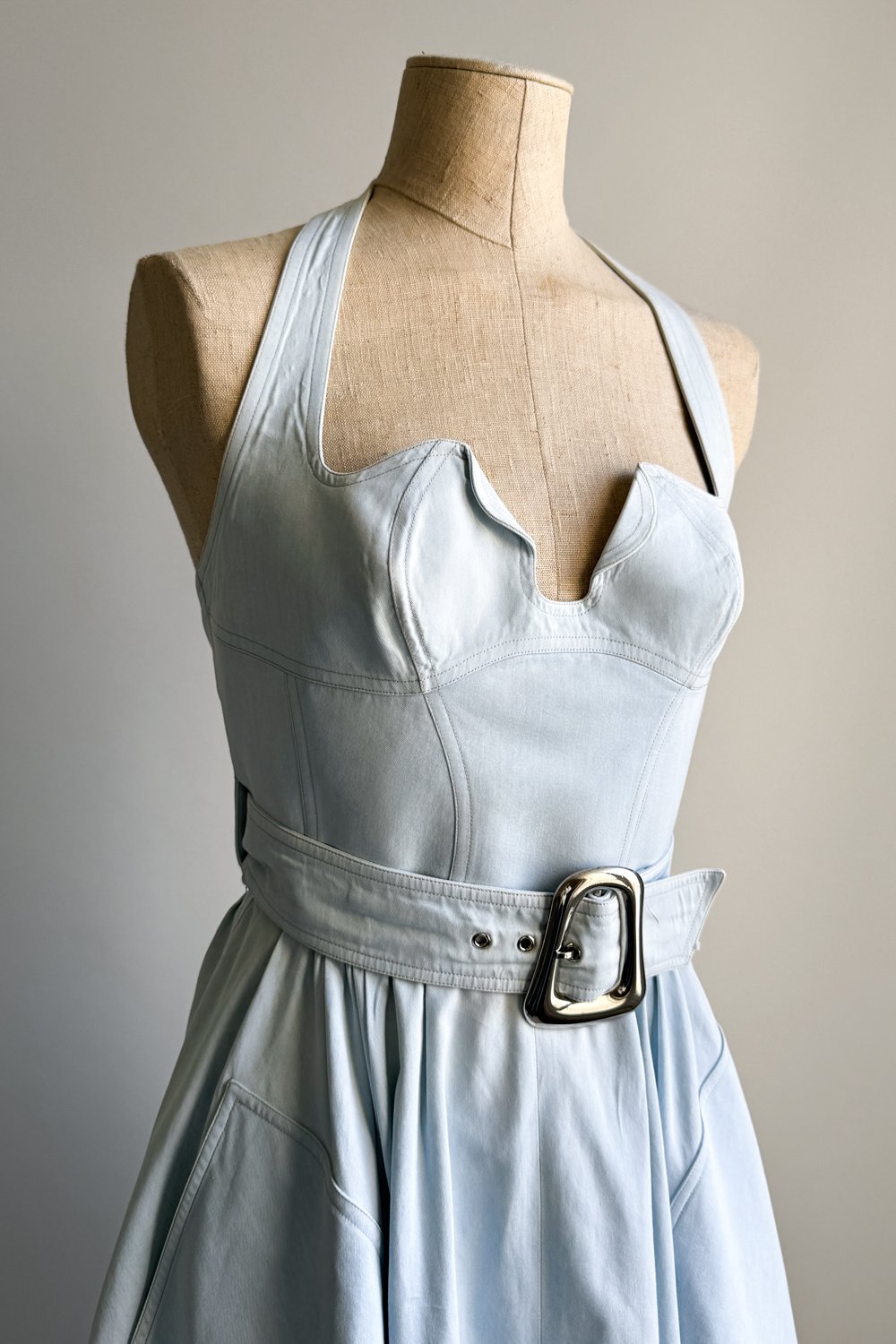 EMERIEU-Thierry-Mugler-SS-1990-vintage-light-blue-cotton-skater-belted-midi-summer-dress-5