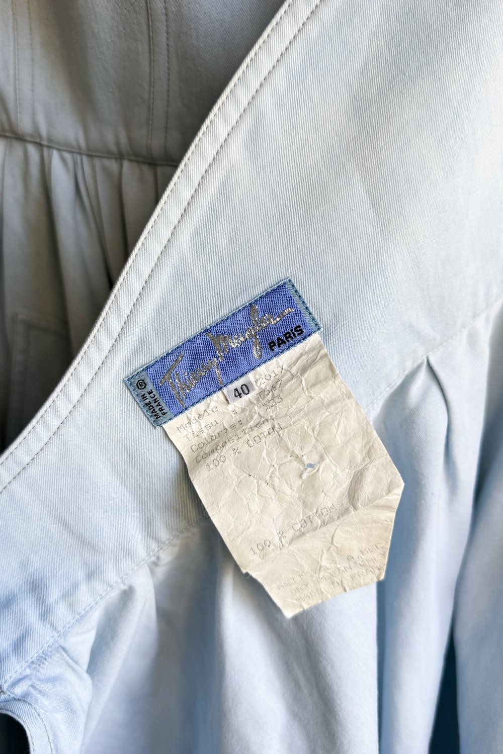 EMERIEU-Thierry-Mugler-SS-1990-vintage-light-blue-cotton-skater-belted-midi-summer-dress-label