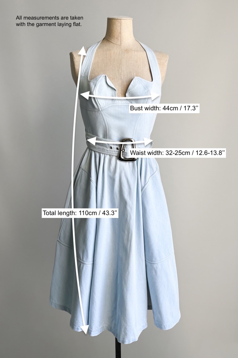 EMERIEU-Thierry-Mugler-SS-1990-vintage-light-blue-cotton-skater-belted-midi-summer-dress-measurements