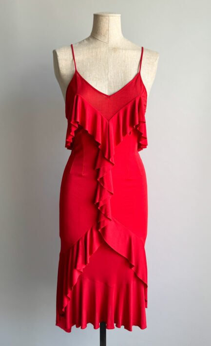 YVES SAINT LAURENT 2003 Red Ruffle Midi Dress (M-L)