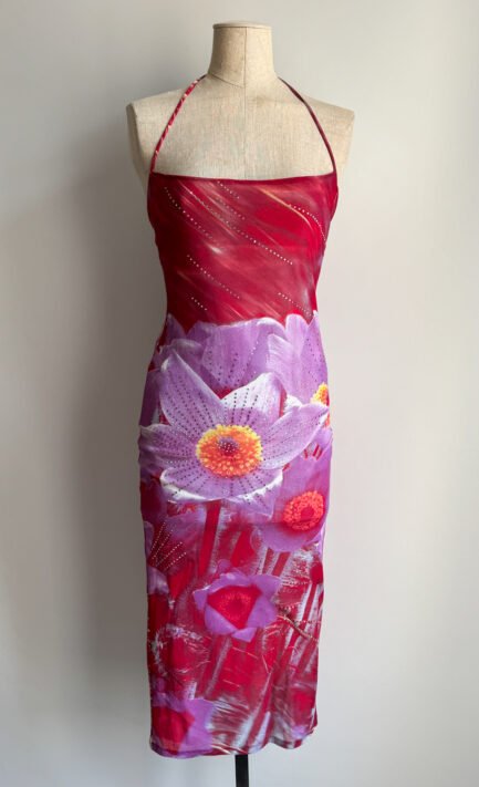 ROBERTO CAVALLI 2000 Floral Halter Mesh Dress (S)