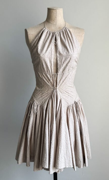 ALAÏA 2003 Light Grey Broderie Anglaise Halter Mini Dress (S-M)