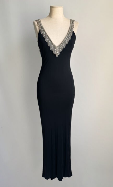 BLUMARINE 2000's Black Jersey Crystal Embellished Deep V Maxi Gown (M)