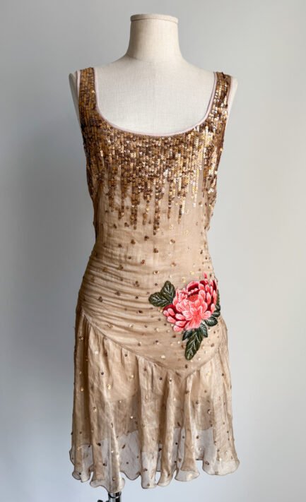 BLUMARINE 2000 Beige Silk & Gold Sequin Mini Dress (S)