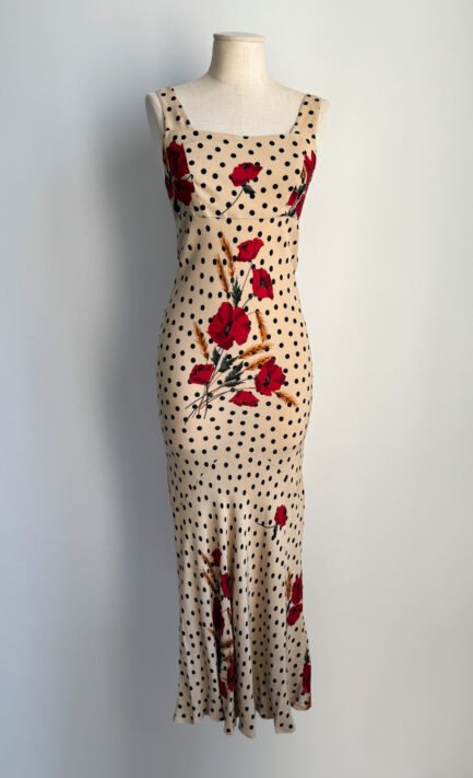 LOLITA LEMPICKA 1996 Beige Polka Dot & Poppy Print Silk Maxi Dress (XS)