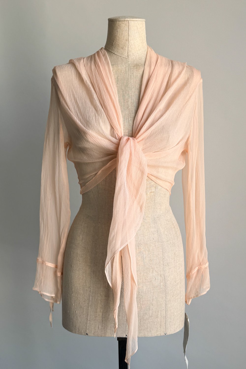 EMERIEU-Lolita-Lempicka-1990s-vintage-blush-pink-draped-tie-crop-long-sleeve-blouse-1