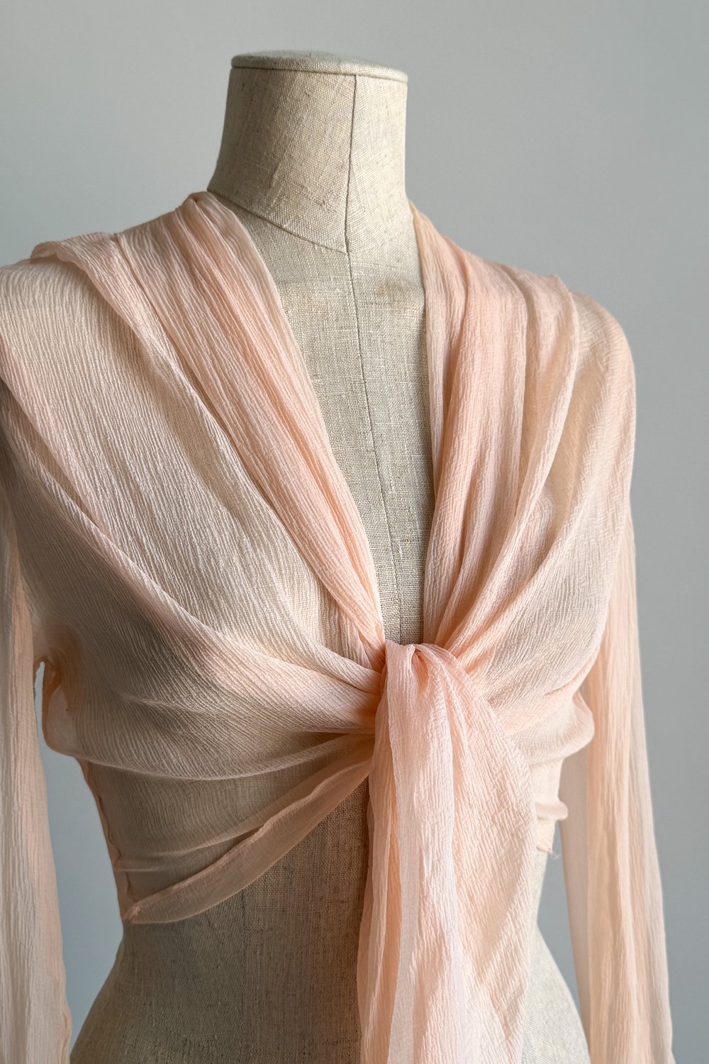 EMERIEU-Lolita-Lempicka-1990s-vintage-blush-pink-draped-tie-crop-long-sleeve-blouse-5