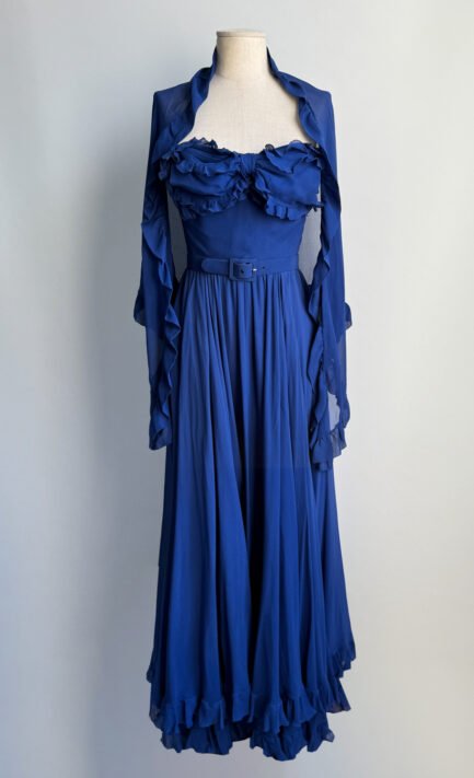 VALENTINO 1973 Royal Blue Silk Ruffle Strapless Gown with Matching Shawl (S)