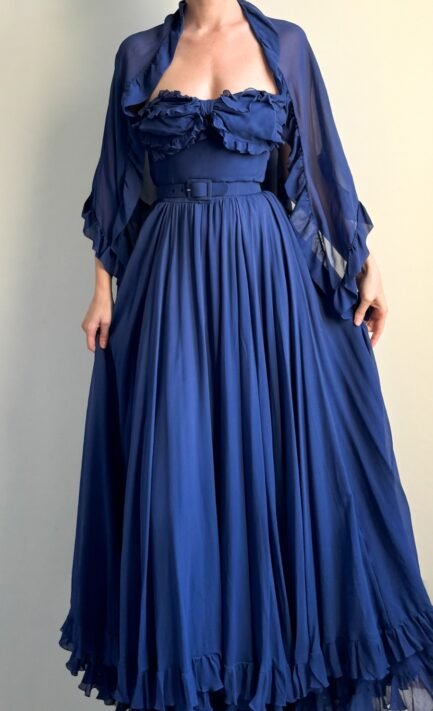 VALENTINO 1973 Royal Blue Silk Ruffle Strapless Gown with Matching Shawl (S)