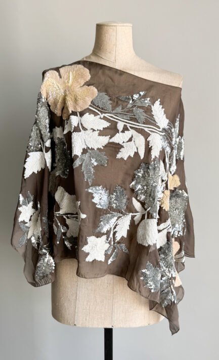 VALENTINO 2001 Taupe Sheer Silk Sequin Floral Blouse