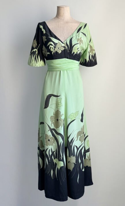 CHLOÉ 1973 Mint Green & Black Silk Floral Print Maxi Dress (M)