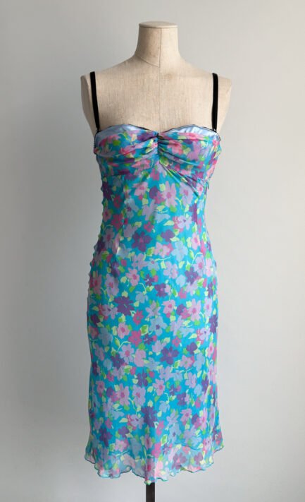 D&G Dolce & Gabbana 2000 Turquoise Floral Silk Chiffon Bustier Midi Dress (XS)