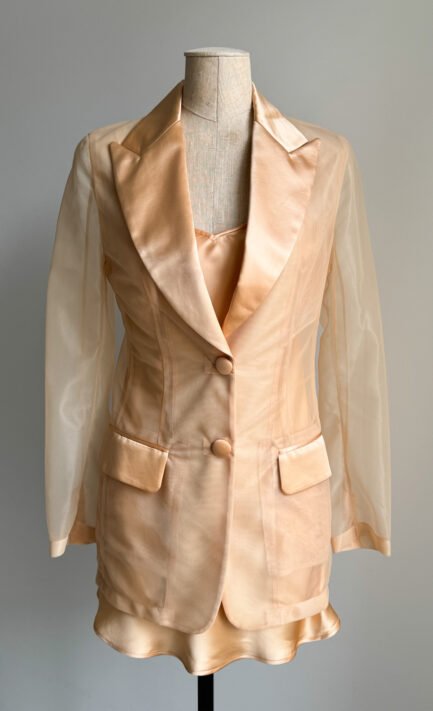 DOLCE & GABBANA 1995 Peach Satin Mini Dress & Sheer Blazer Set (S-M)
