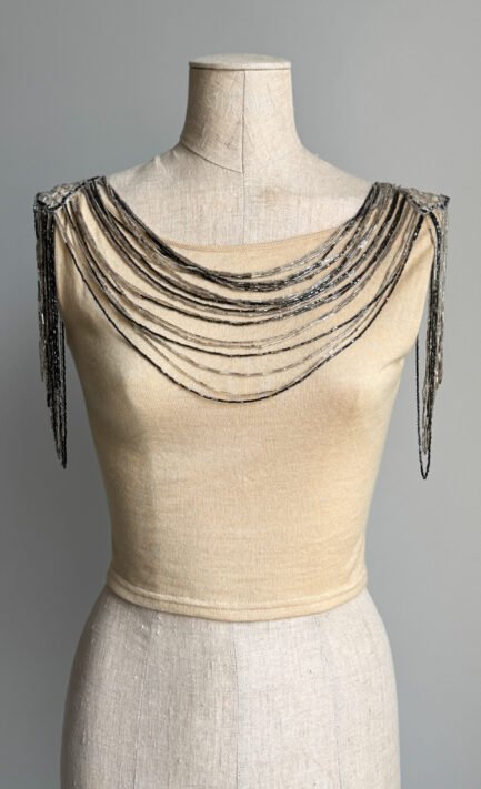 EMANUEL UNGARO 2002 Cream Knit Crop Top with Silver Draped Bead Embellishment (S)