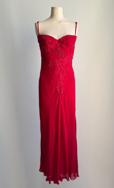 LOLITA LEMPICKA 2000 Red Viscose Floral Appliqué Maxi Gown (L)