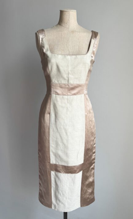 PRADA 1998 Blush Satin & Cream Linen Midi Dress (M)