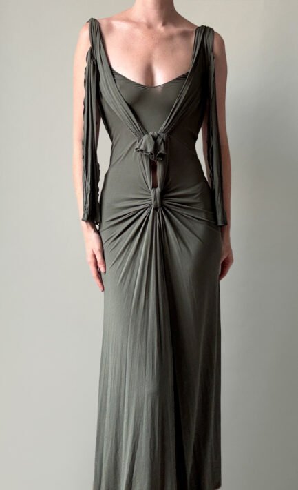 CHRISTIAN DIOR 2003 Khaki Jersey Draped Open-Back Maxi Dress (M) ON HOLD