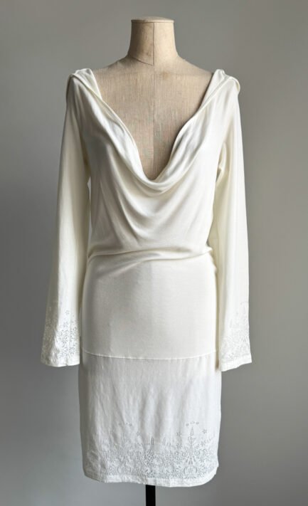 CHRISTIAN DIOR 2004 Ivory Jersey Cowl Neck Hooded Dress (M)