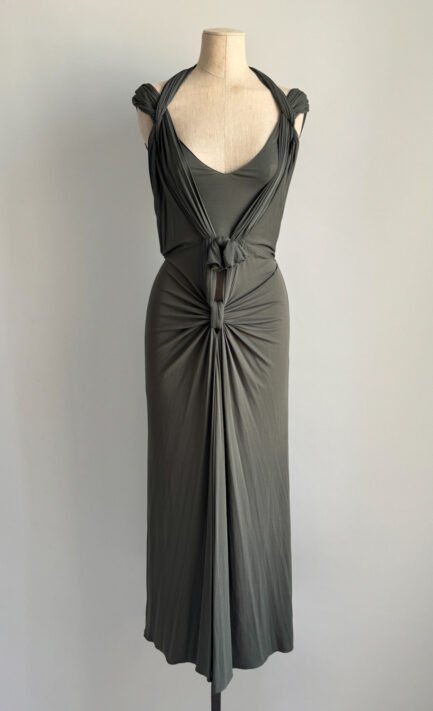 CHRISTIAN DIOR 2003 Khaki Jersey Draped Open-Back Maxi Dress (M)