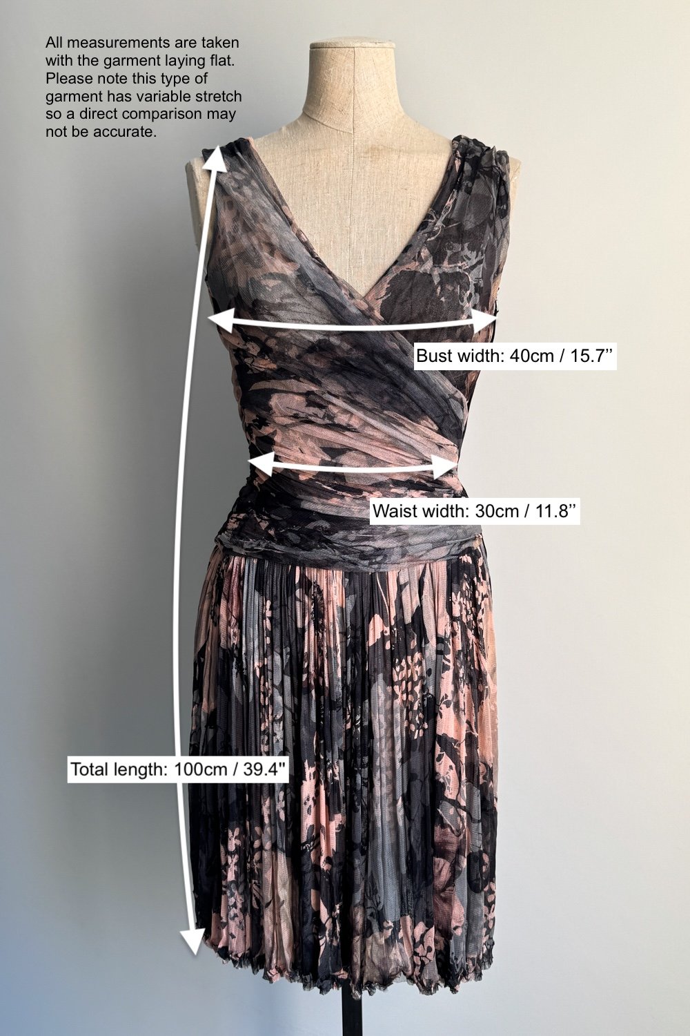 EMERIEU-D&G-Dolce-&-Gabbana-2000s-black-and-blush-watercolour-floral-print-pleated-mesh-midi-dress-measurements