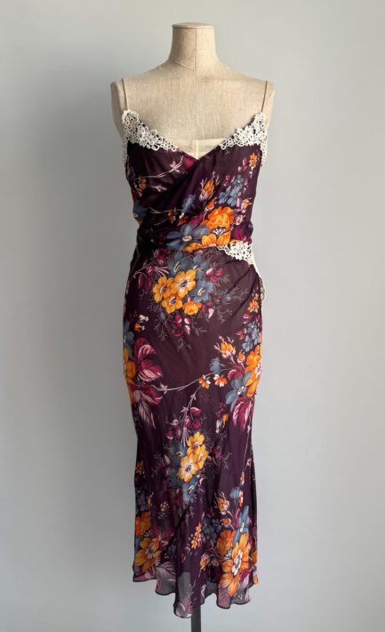 D&G 2004 Plum Floral Print Silk Dress with Lace Trim (M)