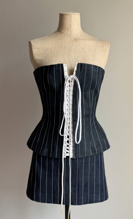 DOLCE & GABBANA 2002 Navy Pinstripe Denim Lace-Up Corset & Mini Skirt Set (XS-S)