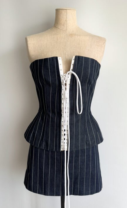 DOLCE & GABBANA 2002 Navy Pinstripe Denim Lace-Up Corset & Mini Skirt Set (XS-S)