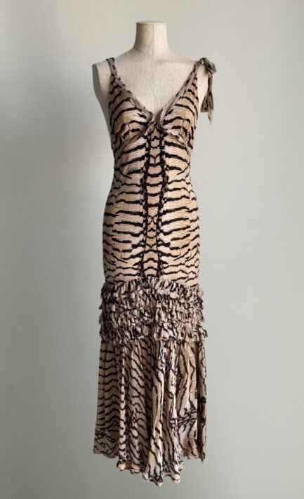 ROBERTO CAVALLI  2004 Tiger Print Mermaid Dress with Tiered Ruffle (S)