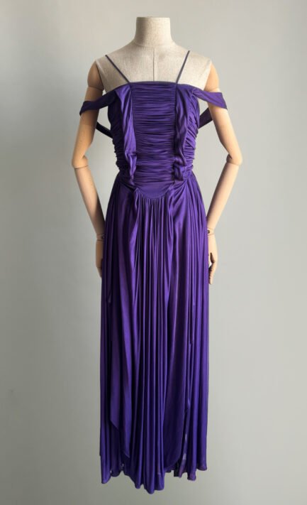YVES SAINT LAURENT 2005-06 Purple Jersey Draped Off-Shoulder Silk Gown (S-M)