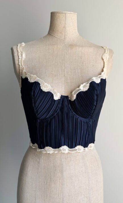 LA PERLA 1996 Navy Satin Pleated Lingerie Corset (S)