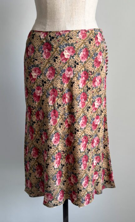 CHRISTIAN DIOR 2001 Beige & Pink Rose Trellis Print Silk Skirt (M)
