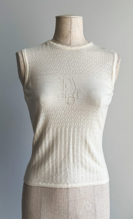 CHRISTIAN DIOR 2003 Cream Pointelle Knit Cardigan & Tank Top Set (M)