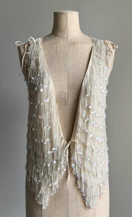 EMPORIO ARMANI 2002 Cream Beaded Sequin Fringe Open-Front Top (M-L)