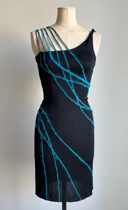 VERSACE 1998 Black & Turquoise Mohair Yarn Accents Mini Dress (XS-S)